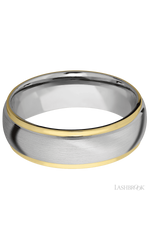 7 mm wide/Domed Stepped Down Edges/14K White Gold band with two 1 mm Edge inlays of 14K Yellow Gold.