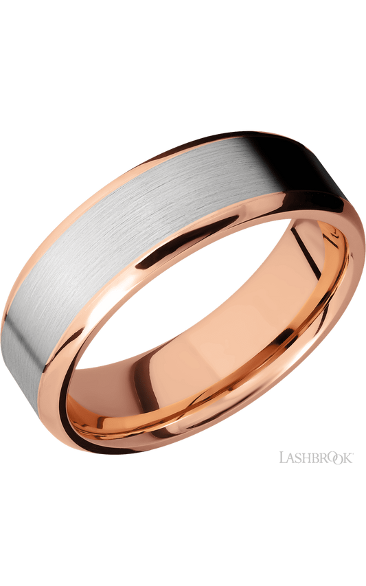 7 mm wide/Beveled/14K Rose Gold band with one 5 mm Centered inlay of 14K White Gold.