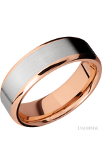 7 mm wide/Beveled/14K Rose Gold band with one 5 mm Centered inlay of 14K White Gold.