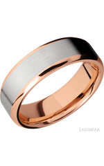 7 mm wide/Beveled/14K Rose Gold band with one 5 mm Centered inlay of 14K White Gold.