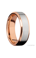 7 mm wide/Beveled/14K Rose Gold band with one 5 mm Centered inlay of 14K White Gold.