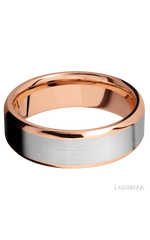7 mm wide/Beveled/14K Rose Gold band with one 5 mm Centered inlay of 14K White Gold.