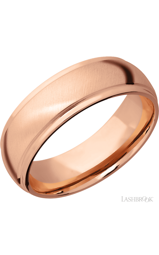 7 mm wide Domed Stepped Down Edges 14K Rose Gold band.