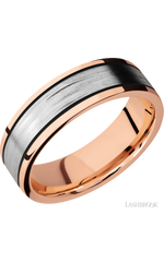 7 mm wide/Flat/14K Rose Gold band with one 4 mm Centered inlay of 14K White Gold.