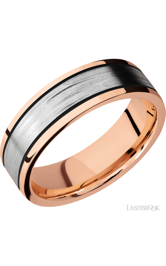 7 mm wide/Flat/14K Rose Gold band with one 4 mm Centered inlay of 14K White Gold.