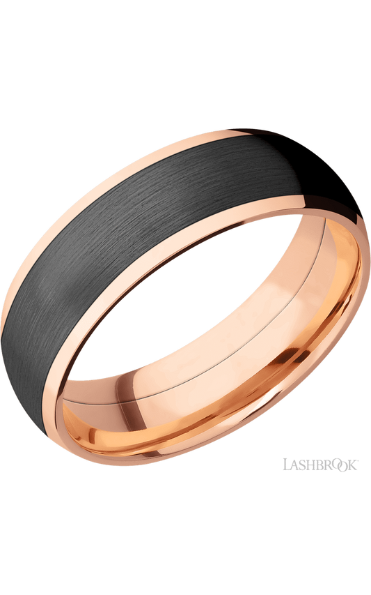 7 mm wide/Domed/14K Rose Gold band with one 5 mm Centered inlay of Zirconium.
