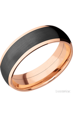 7 mm wide/Domed/14K Rose Gold band with one 5 mm Centered inlay of Zirconium.