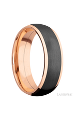 7 mm wide/Domed/14K Rose Gold band with one 5 mm Centered inlay of Zirconium.