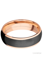 7 mm wide/Domed/14K Rose Gold band with one 5 mm Centered inlay of Zirconium.