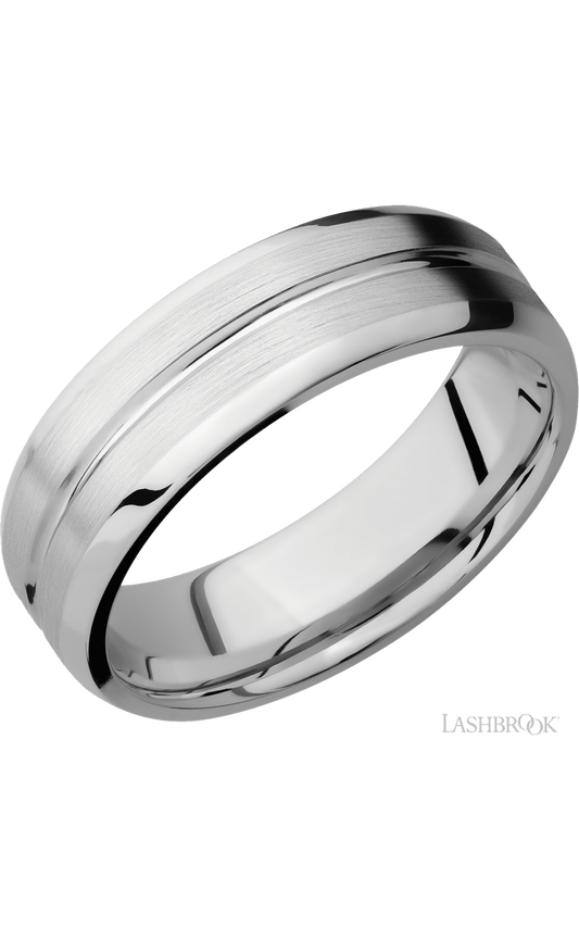7 mm wide Beveled with Center Accent Groove 14K White Gold band.