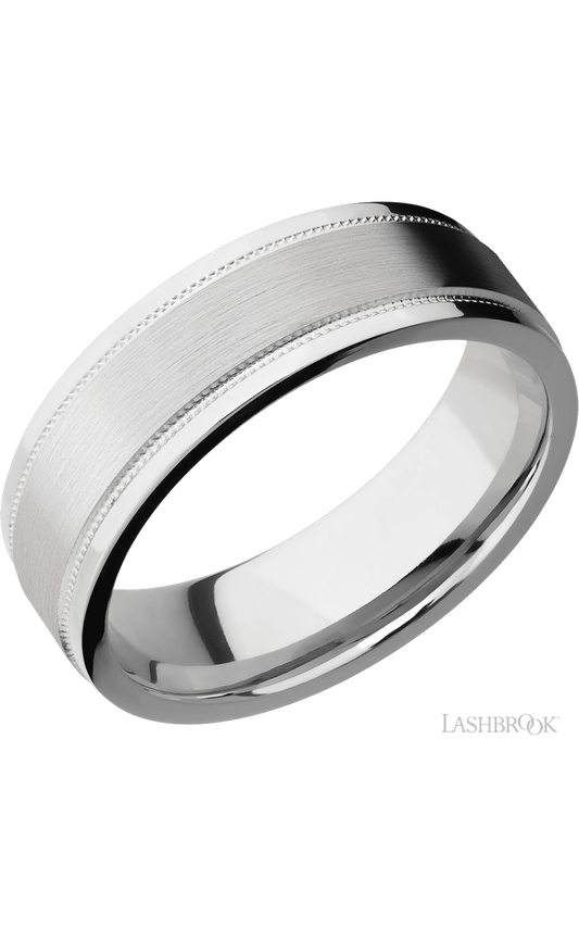 7 mm wide Flat Stepped Edges Milgrain 14K White Gold band.