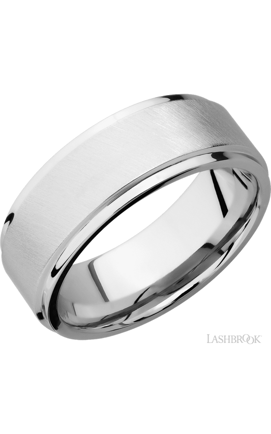 8 mm wide Flat Grooved Edges 14K White Gold band.