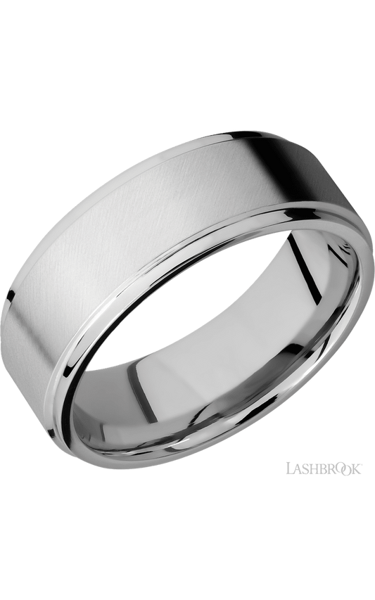 8 mm wide Flat Grooved Edges 14K White Gold band.