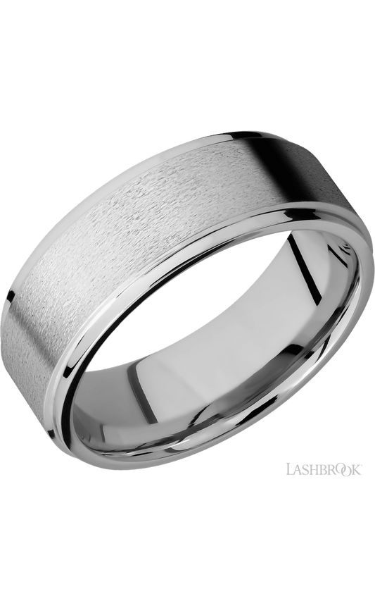 8 mm wide Flat Grooved Edges 14K White Gold band.