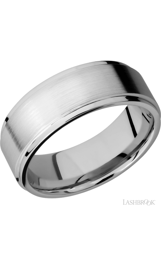 8 mm wide Flat Grooved Edges 14K White Gold band.