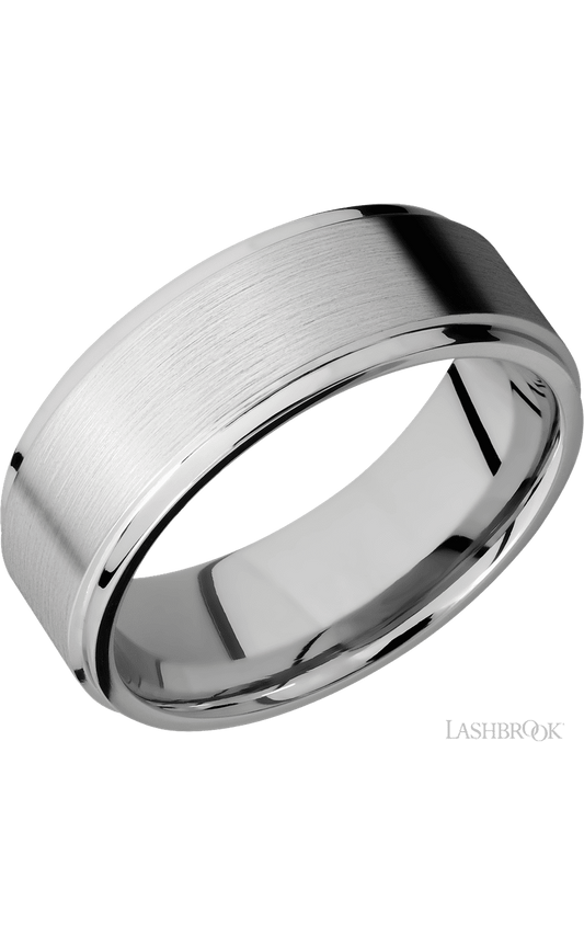 8 mm wide Flat Grooved Edges 14K White Gold band.