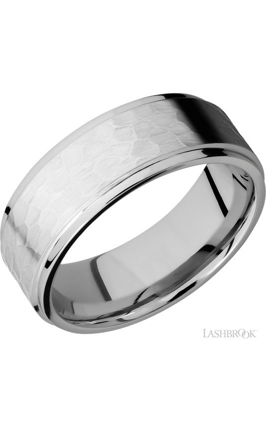 8 mm wide Flat Grooved Edges 14K White Gold band.