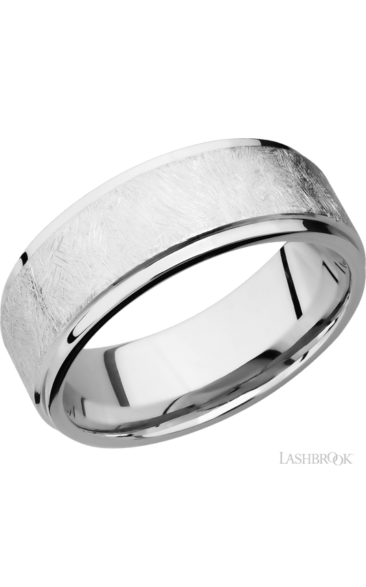 8 mm wide Flat Grooved Edges 14K White Gold band.