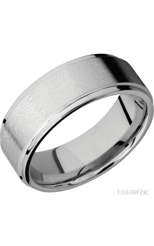 8 mm wide Flat Grooved Edges 14K White Gold band.