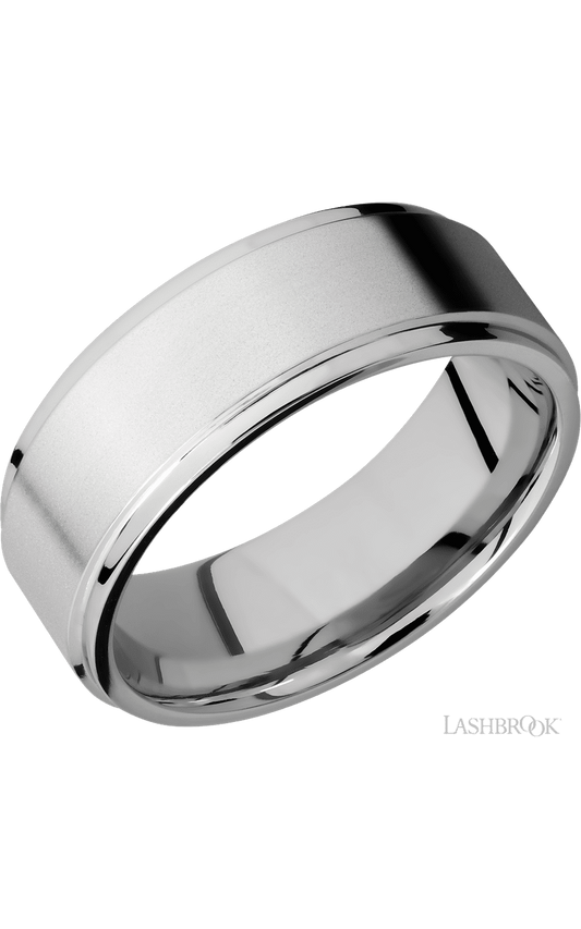 8 mm wide Flat Grooved Edges 14K White Gold band.