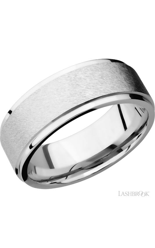 8 mm wide Flat Grooved Edges 14K White Gold band.