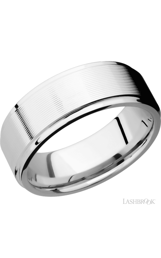 8 mm wide Flat Grooved Edges 14K White Gold band.