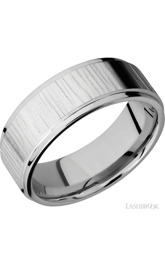 8 mm wide Flat Grooved Edges 14K White Gold band.