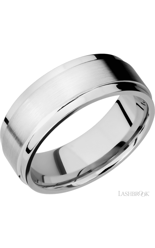 8 mm wide Flat Wide Grooved Edges 14K White Gold band.