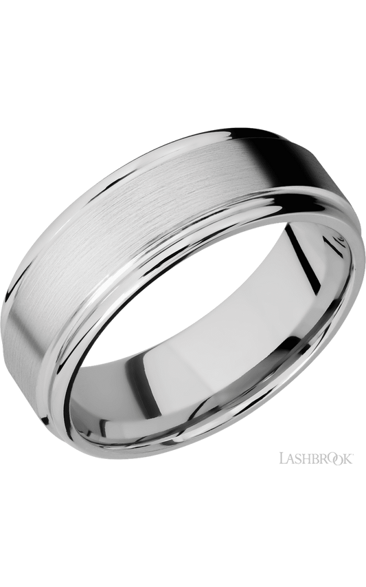 8 mm wide Flat Rounded Edges 14K White Gold band.
