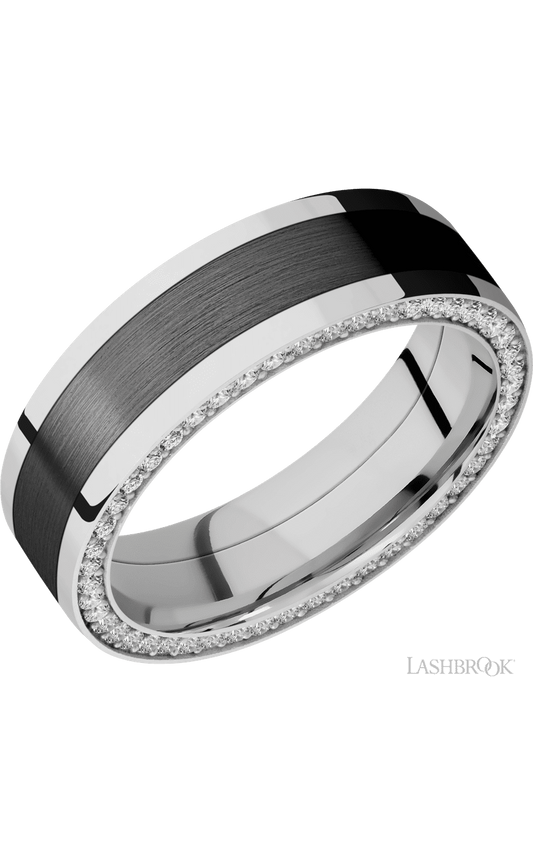 7 mm wide/Flat/14K White Gold band with one 4 mm Centered inlay of Zirconium and featuring a Side Eternity arrangement of .01 carat Round Diamond stones in a Bead Channel setting