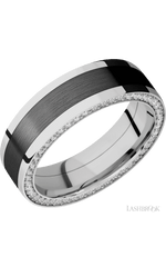 7 mm wide/Flat/14K White Gold band with one 4 mm Centered inlay of Zirconium and featuring a Side Eternity arrangement of .01 carat Round Diamond stones in a Bead Channel setting
