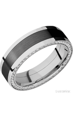 7 mm wide/Flat/14K White Gold band with one 4 mm Centered inlay of Zirconium and featuring a Side Eternity arrangement of .01 carat Round Diamond stones in a Bead Channel setting