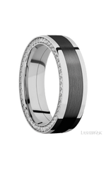 7 mm wide/Flat/14K White Gold band with one 4 mm Centered inlay of Zirconium and featuring a Side Eternity arrangement of .01 carat Round Diamond stones in a Bead Channel setting