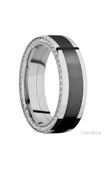 7 mm wide/Flat/14K White Gold band with one 4 mm Centered inlay of Zirconium and featuring a Side Eternity arrangement of .01 carat Round Diamond stones in a Bead Channel setting