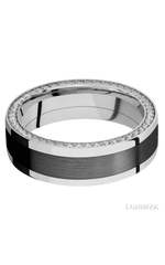 7 mm wide/Flat/14K White Gold band with one 4 mm Centered inlay of Zirconium and featuring a Side Eternity arrangement of .01 carat Round Diamond stones in a Bead Channel setting