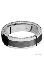 7 mm wide/Flat/14K White Gold band with one 4 mm Centered inlay of Zirconium and featuring a Side Eternity arrangement of .01 carat Round Diamond stones in a Bead Channel setting