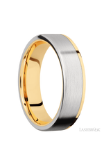 6 mm wide/Flat/14K Yellow Gold band with one 5 mm Off Center Edge inlay of Cobalt Chrome.