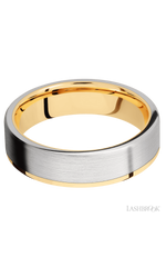 6 mm wide/Flat/14K Yellow Gold band with one 5 mm Off Center Edge inlay of Cobalt Chrome.