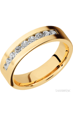 6 mm wide/Flat/14K Yellow Gold band with an arrangement of 9, .07 carat Round Diamond stones in a Channel setting.