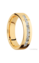6 mm wide/Flat/14K Yellow Gold band with an arrangement of 9, .07 carat Round Diamond stones in a Channel setting.