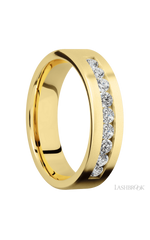 6 mm wide/Flat/14K Yellow Gold band with an arrangement of 9, .07 carat Round Diamond stones in a Channel setting.