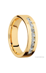 6 mm wide/Flat/14K Yellow Gold band with an arrangement of 9, .07 carat Round Diamond stones in a Channel setting.