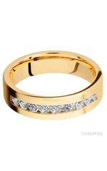 6 mm wide/Flat/14K Yellow Gold band with an arrangement of 9, .07 carat Round Diamond stones in a Channel setting.