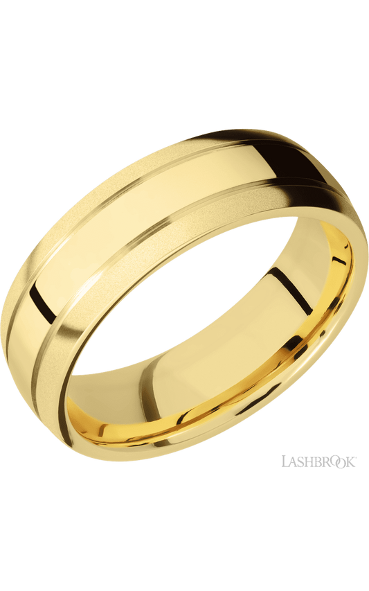 7 mm wide Domed with two accent grooves 14K Yellow Gold band.