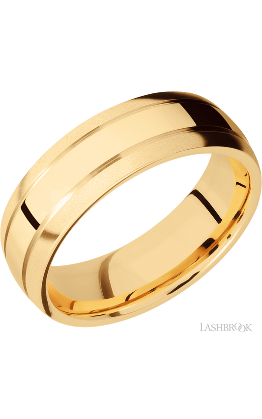 7 mm wide Domed with two accent grooves 14K Yellow Gold band.