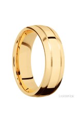 7 mm wide Domed with two accent grooves 14K Yellow Gold band.