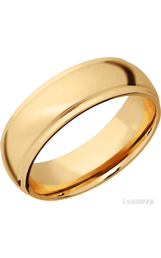 7 mm wide Domed Stepped Down Edges 14K Yellow Gold band.