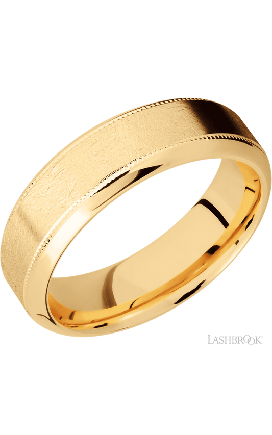 7 mm wide High Bevel Milgrain 14K Yellow Gold band.