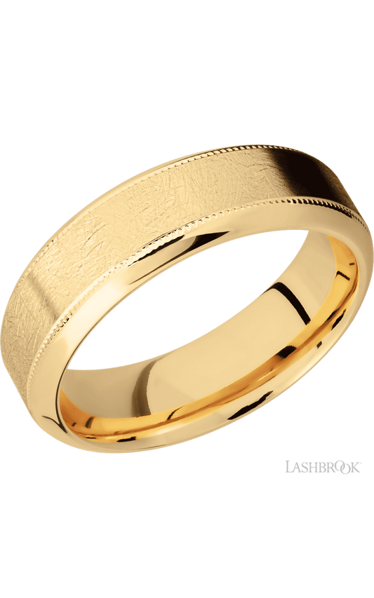 7 mm wide High Bevel Milgrain 14K Yellow Gold band.