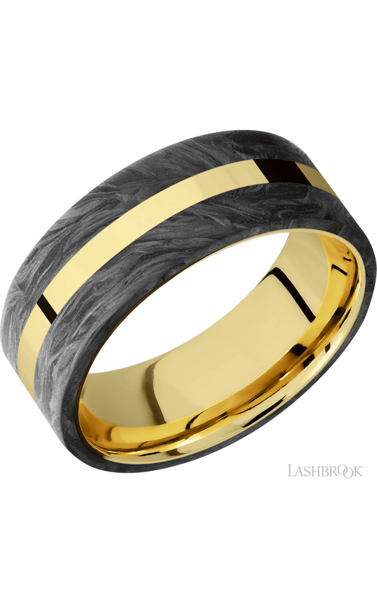 8 mm wide/Flat/14K Yellow Gold band with two 3 mm Double Off Center Edge inlays of Forged Carbon Fiber.